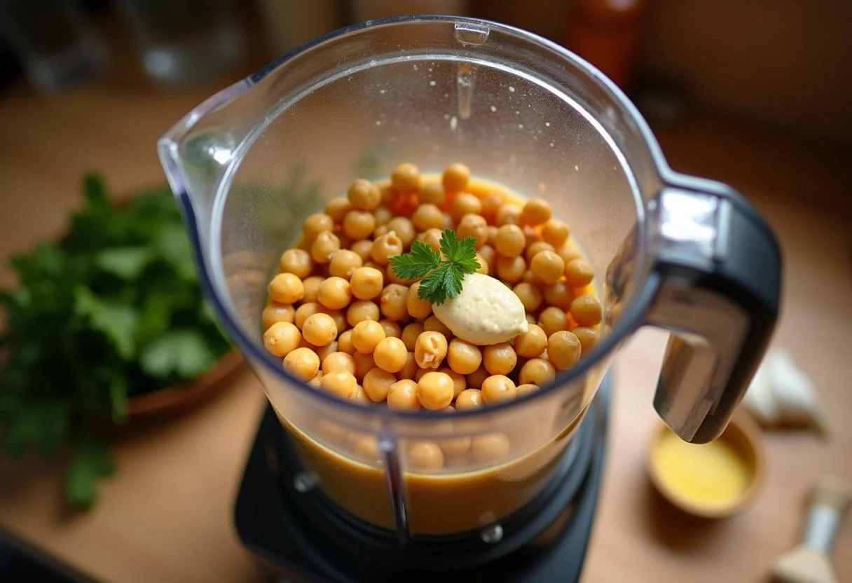 Hunger Games Haymitch's Hoax Hummus ingredients in preparation, showcasing chickpeas and tahini in a bright kitchen.