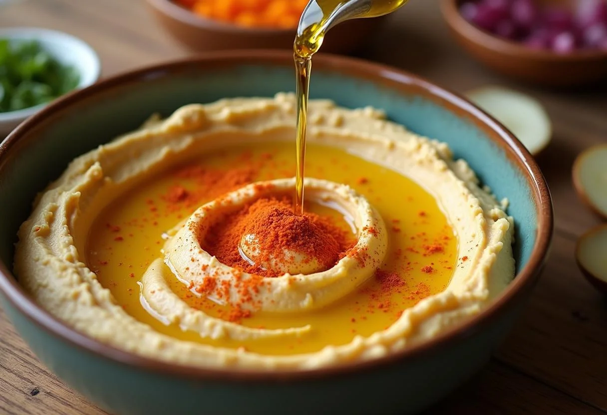 Creating the final look of Hunger Games Haymitch's Hoax Hummus, showcasing its creamy texture with paprika and olive oil for flavor.