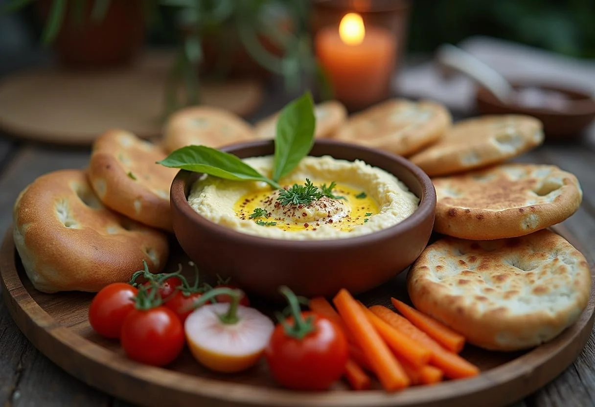 Serving Hunger Games Haymitch's Hoax Hummus with pita bread and vegetables on a wooden table, perfect for sharing with friends.