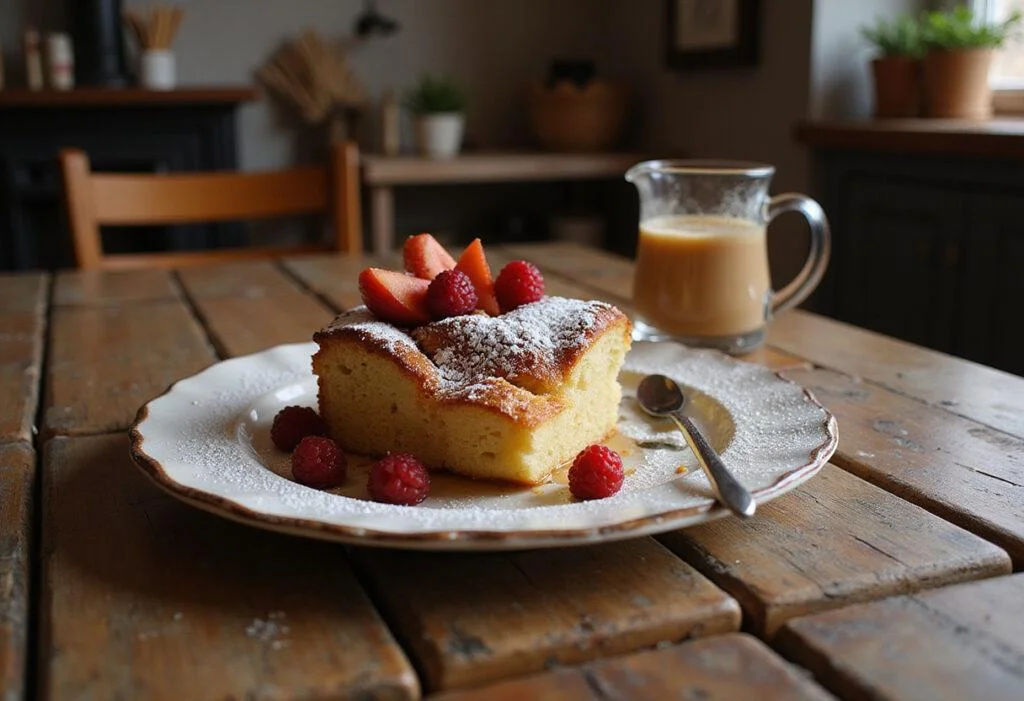 Final presentation of Hunger Games Peeta's Bakery Bread Pudding, beautifully garnished and ready to enjoy in a charming kitchen setting.