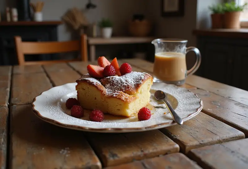 Final presentation of Hunger Games Peeta's Bakery Bread Pudding, beautifully garnished and ready to enjoy in a charming kitchen setting.
