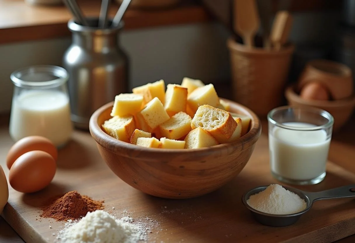 Preparing ingredients for Hunger Games Peeta's Bakery Bread Pudding, featuring cubed bread, eggs, and spices on a rustic kitchen counter.