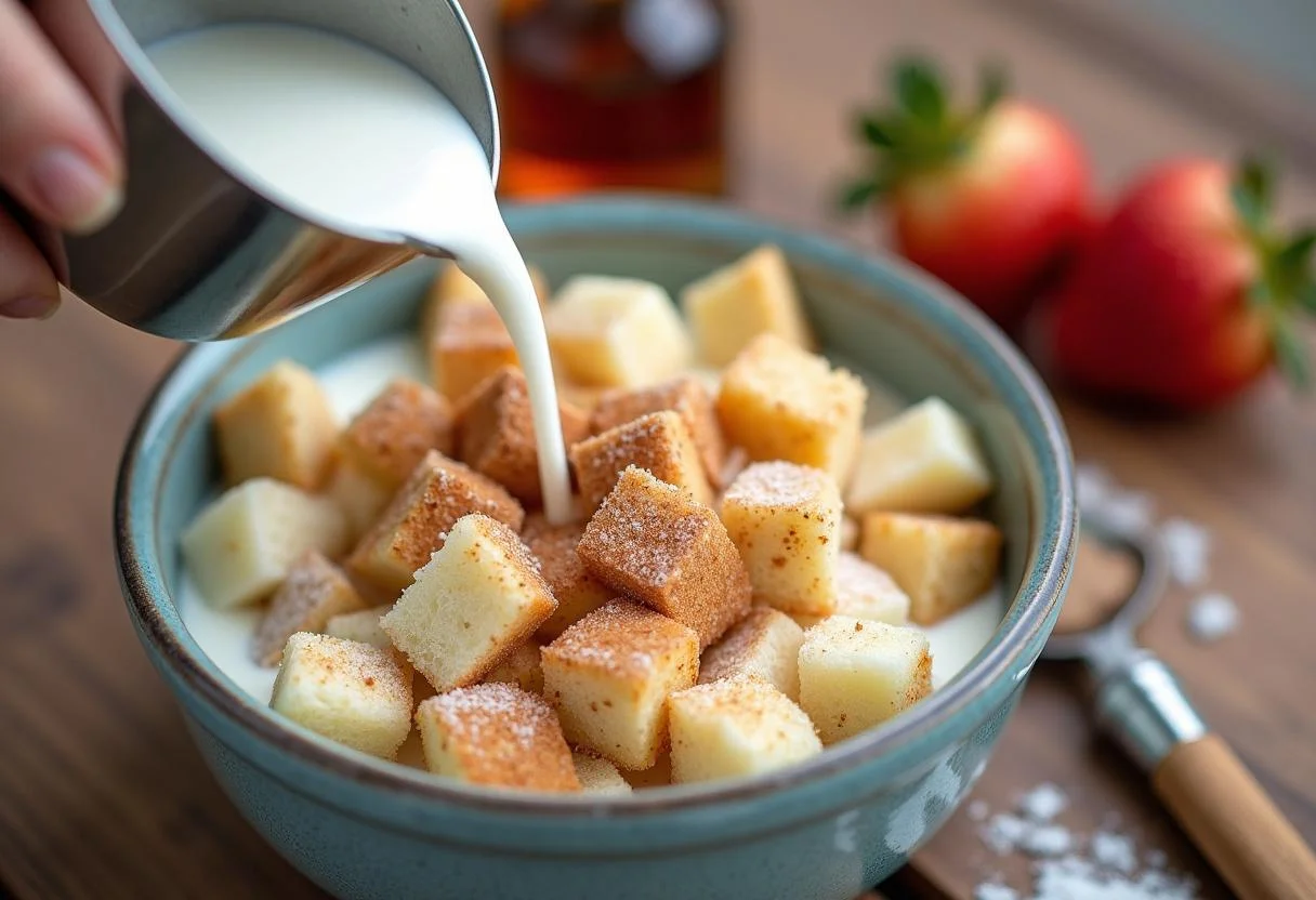 Mixing the milk and sugar into cubed bread for Peeta's Bakery Bread Pudding, with cinnamon and vanilla extract enhancing the flavor.