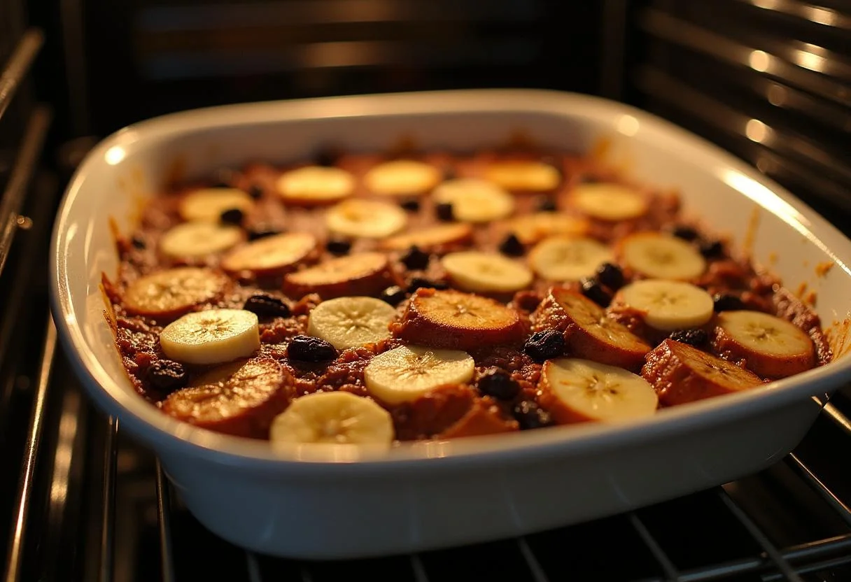 Assembling the bread pudding in a baking dish filled with soaked bread and fruits, ready for baking for Hunger Games Peeta's Bakery Bread Pudding.