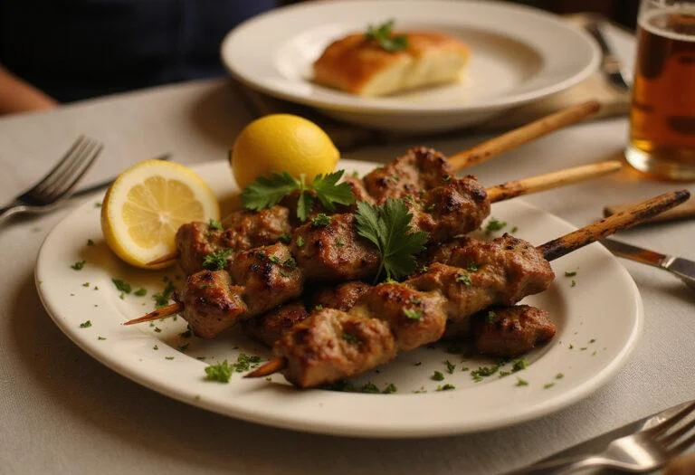 Final display of Hunger Games Rue's Lullaby Lamb Skewers on a serving platter, perfectly cooked and appetizing.