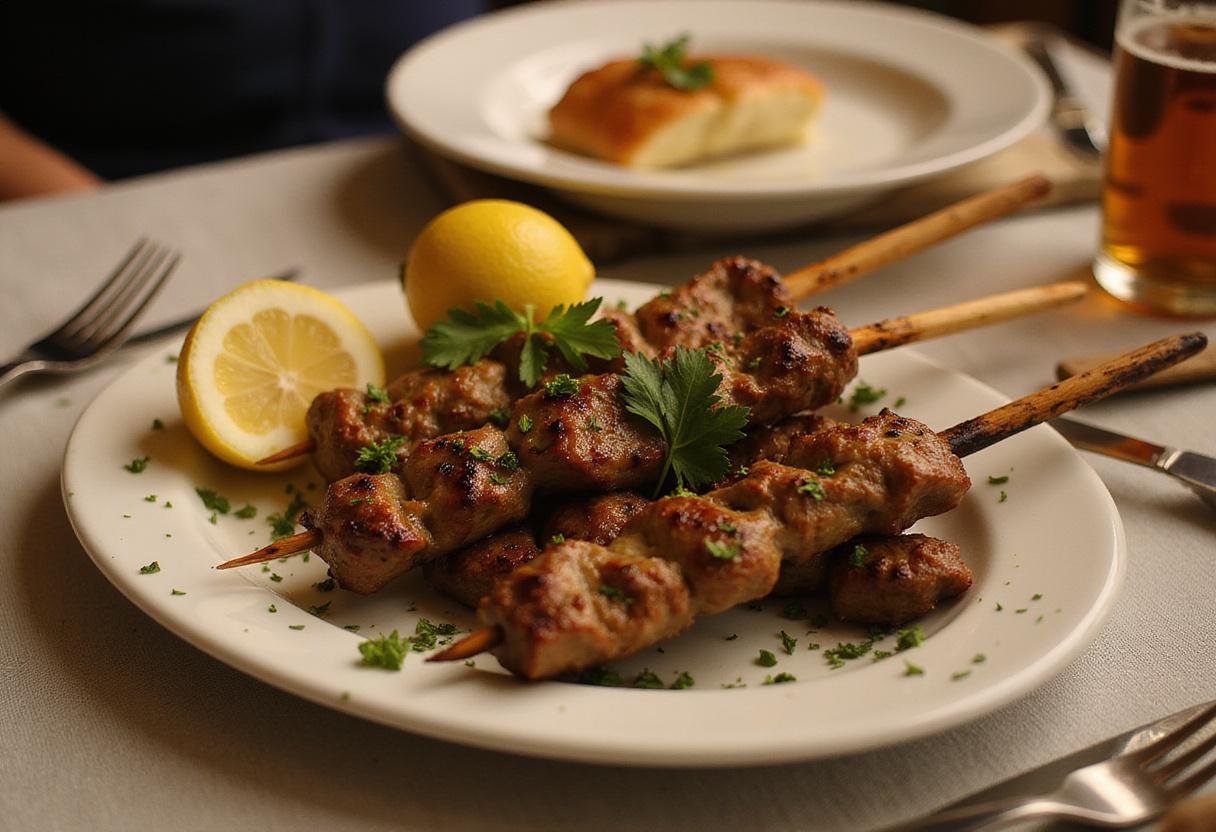 Final display of Hunger Games Rue's Lullaby Lamb Skewers on a serving platter, perfectly cooked and appetizing.