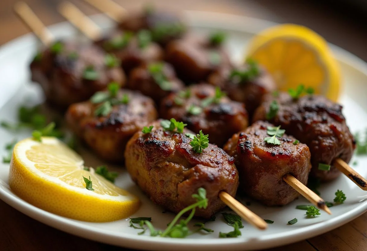Final display of Hunger Games Rue's Lullaby Lamb Skewers on a serving platter, perfectly cooked and appetizing.