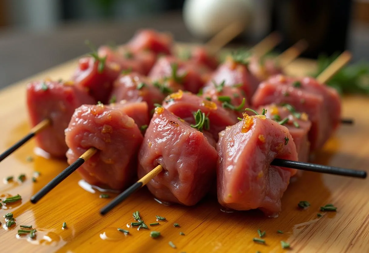 Hunger Games Rue's Lullaby Lamb Skewers marinated with garlic and rosemary on skewers, a perfect preparation for grilling.