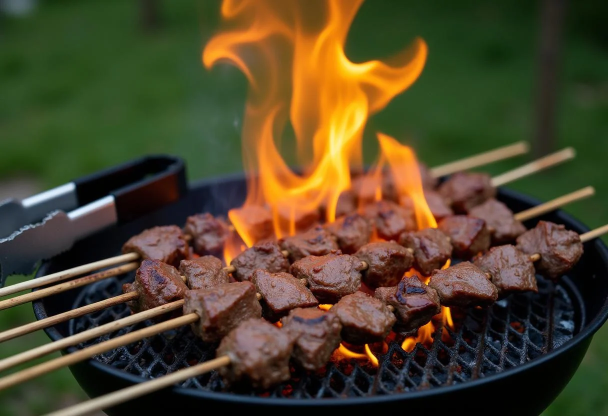 Hunger Games Rue's Lullaby Lamb Skewers grilling on an open flame, delivering a smoky flavor and perfect char.