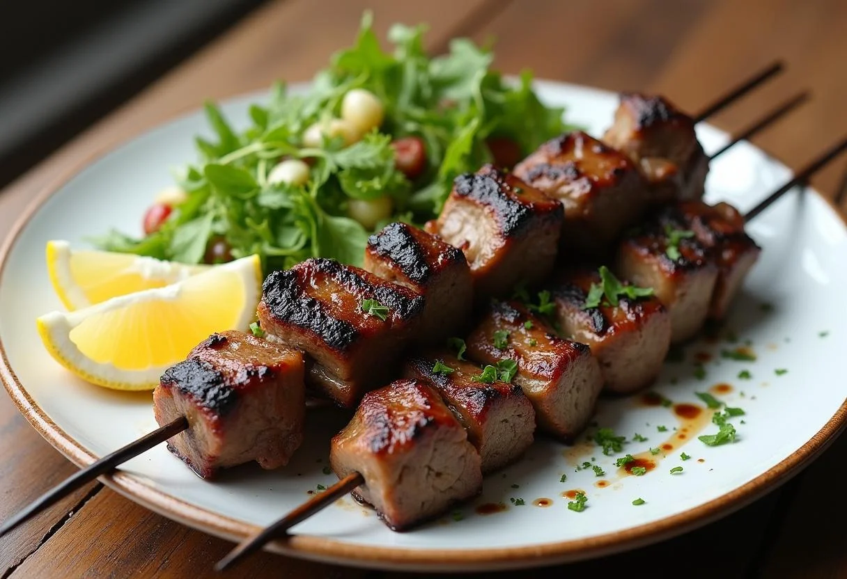 Delicious Hunger Games Rue's Lullaby Lamb Skewers served with a fresh salad on a rustic wooden table, enticing and appetizing.
