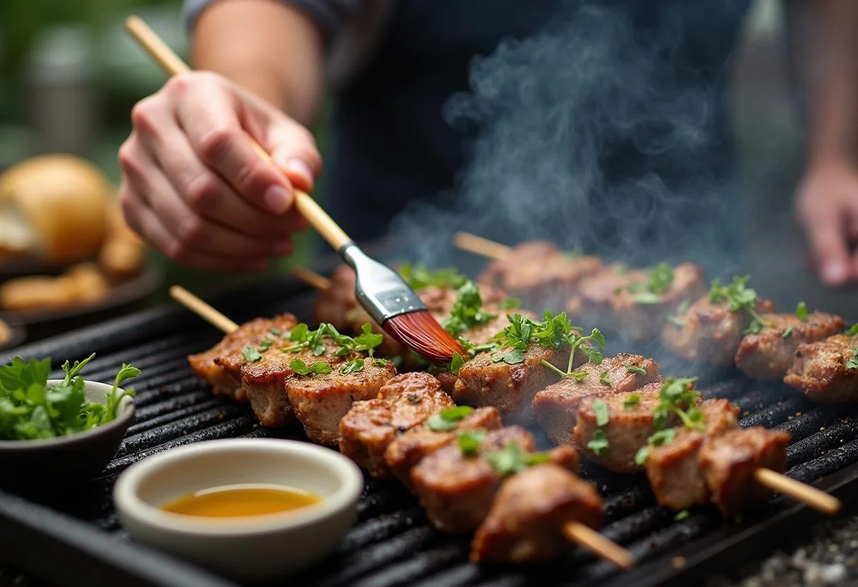 Applying herb marinade on Hunger Games Rue's Lullaby Lamb Skewers while grilling, enhancing the flavor of the dish.