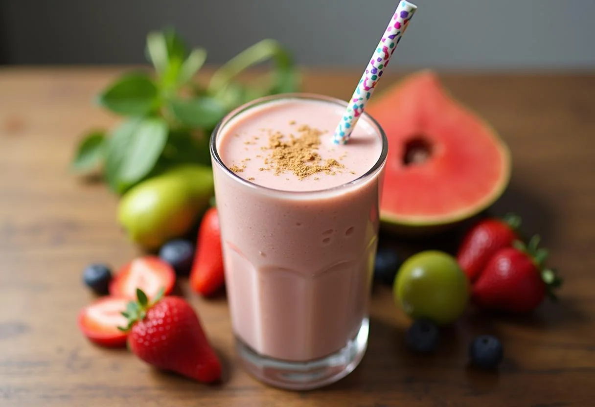 Delicious Hustlers Jennifer Lopez's Power Protein Smoothie displayed on a table with vibrant fruits for a health-focused presentation.