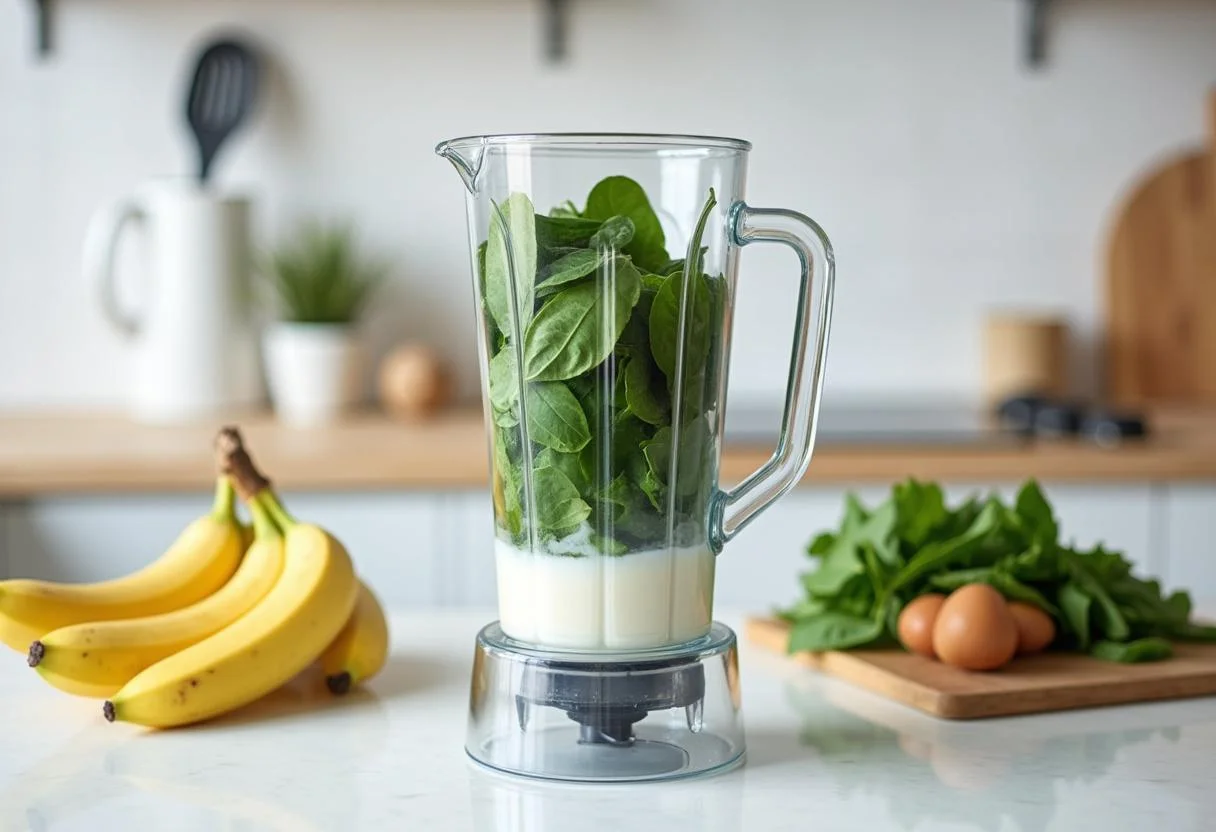 Making Hustlers Jennifer Lopez's Power Protein Smoothie with spinach and bananas in a blender.