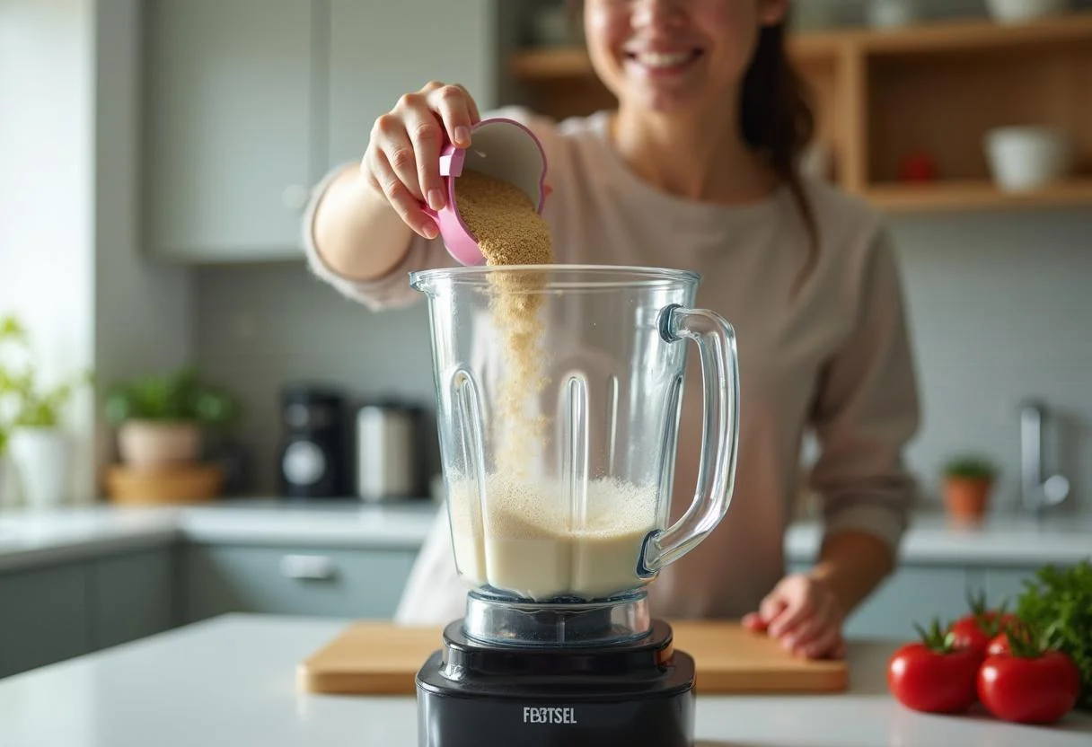 Adding protein powder to Hustlers Jennifer Lopez's Power Protein Smoothie for an extra boost.