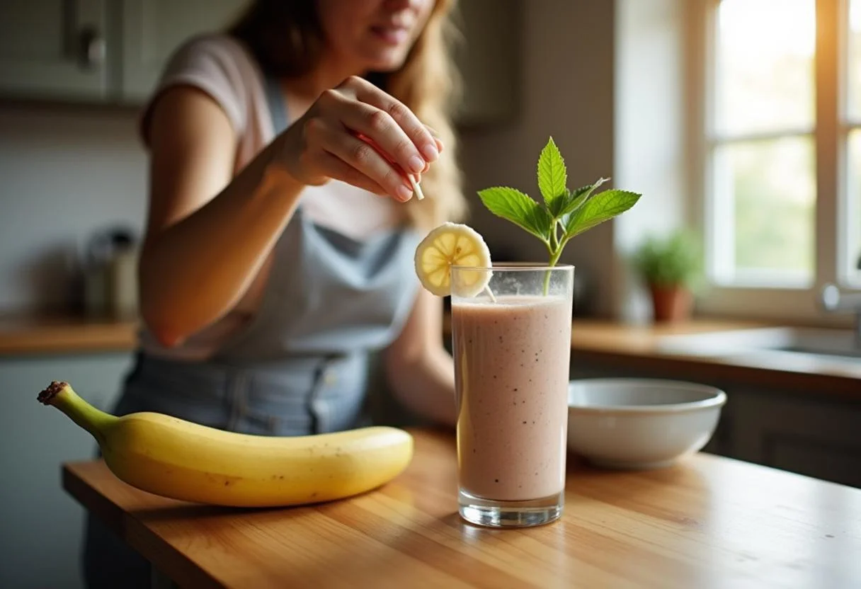 Serving Hustlers Jennifer Lopez's Power Protein Smoothie in a glass with garnishment for a refreshing drink.