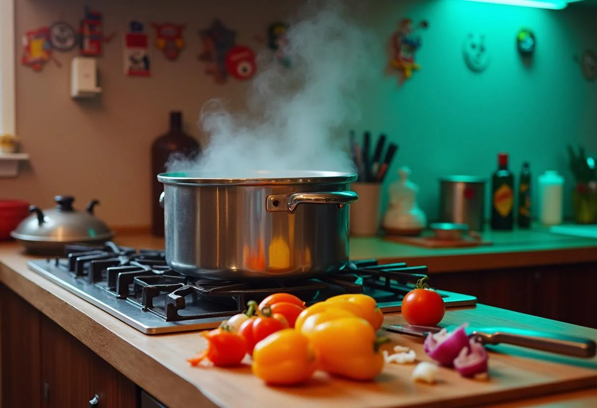 A vibrant pot filled with colorful vegetables such as bell peppers and onions in a kitchen evocative of Joker: Folie à Deux Lady Gaga's Harley Quinn's Hearty Chili preparation.