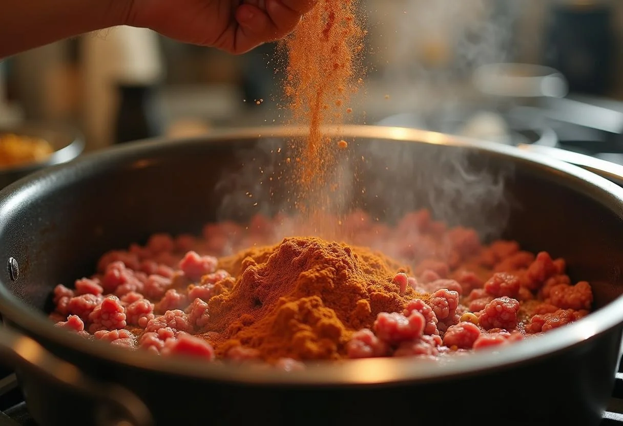 Ground beef and spices sizzling in a pot, creating the hearty base for Joker: Folie à Deux Lady Gaga's Harley Quinn's Hearty Chili.