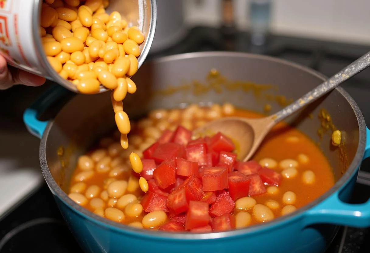 A pot filled with beans and tomatoes being stirred, showcasing the preparation of Joker: Folie à Deux Lady Gaga's Harley Quinn's Hearty Chili.