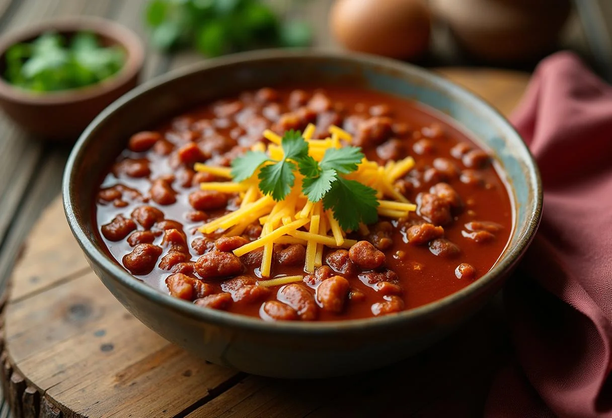 A hearty bowl of chili garnished with cilantro and cheese, representing the delicious Joker: Folie à Deux Lady Gaga's Harley Quinn's Hearty Chili.