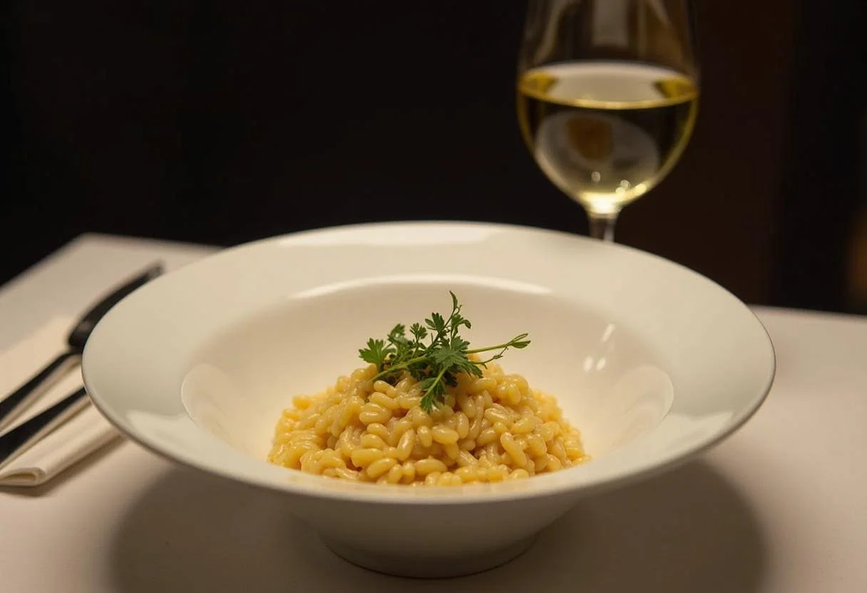Final presentation of Knives Out Ana de Armas's Ransom Rian Johnson Risotto, a gourmet dish ready to be enjoyed.
