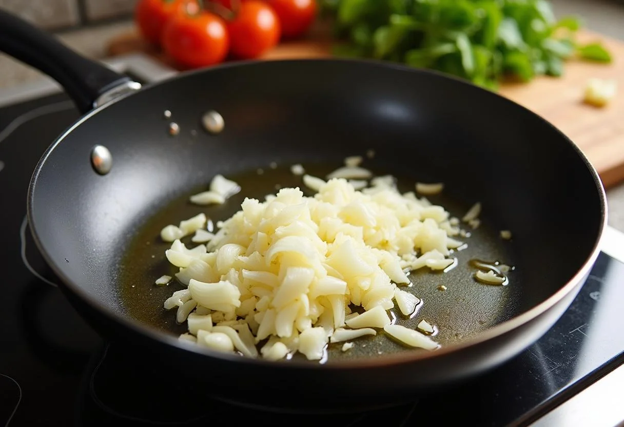 Sautéing onions and garlic for Knives Out Ana de Armas's Ransom Rian Johnson Risotto, creating a flavorful foundation.