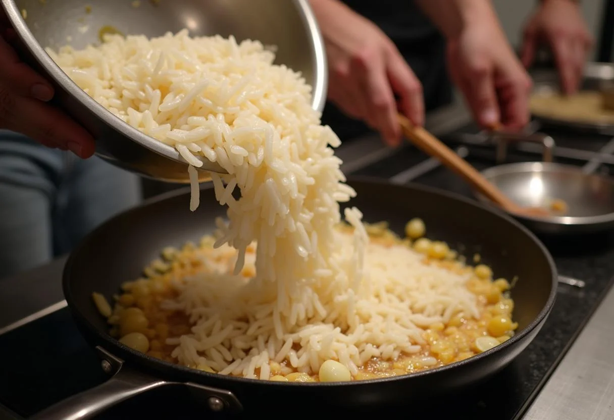 Adding Arborio rice for Knives Out Ana de Armas's Ransom Rian Johnson Risotto, ensuring each grain absorbs the rich flavors.