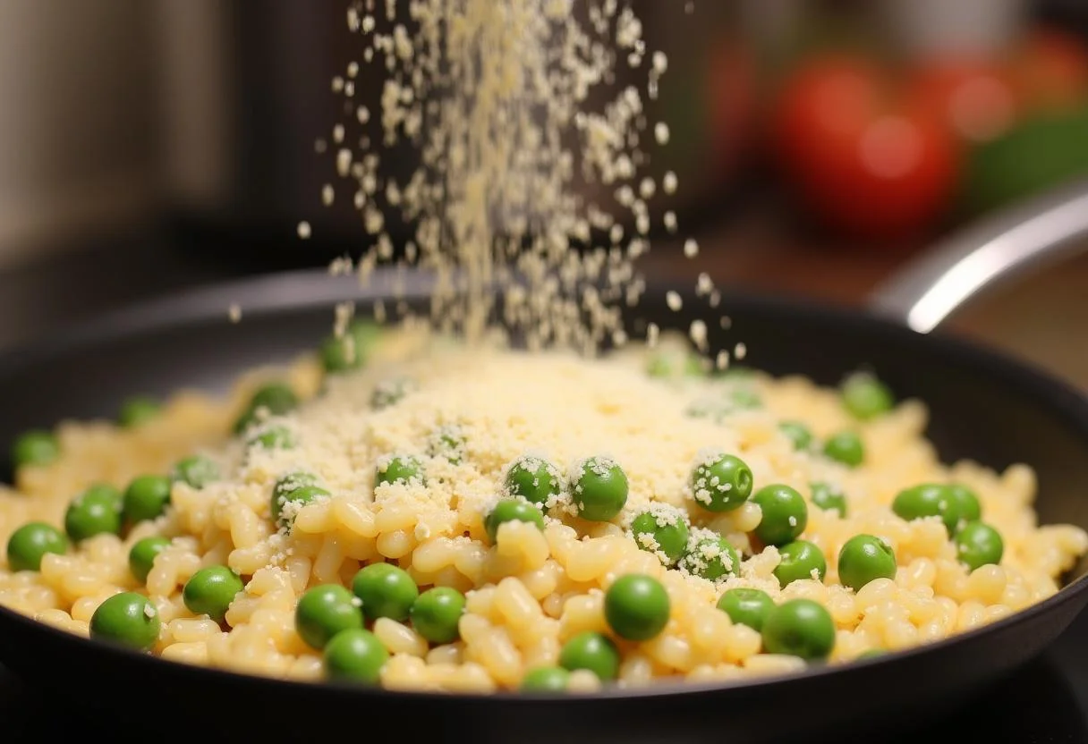 Creating the perfect creamy risotto for Knives Out Ana de Armas's Ransom Rian Johnson Risotto, ready for serving.