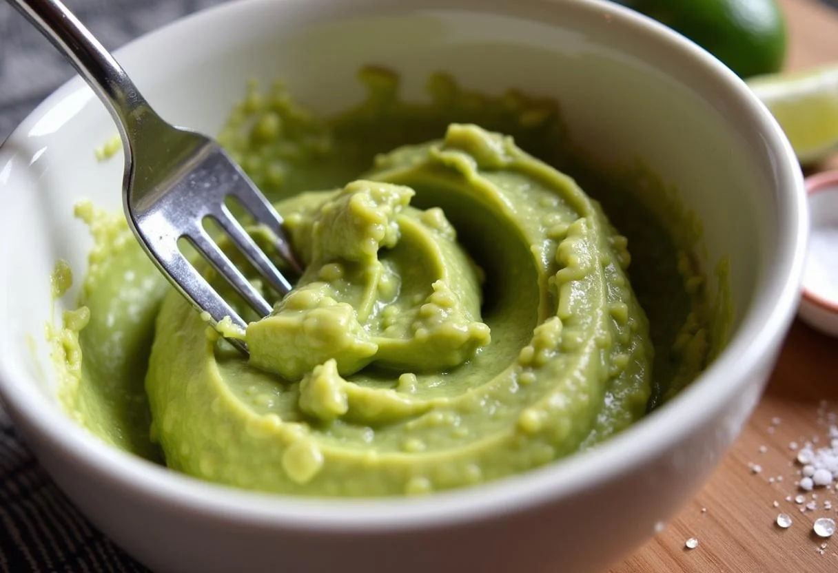 Mashing ripe avocado for Lilo and Stitch Angel's Aloha Avocado Toast, highlighting the key step in creating a flavorful avocado spread.