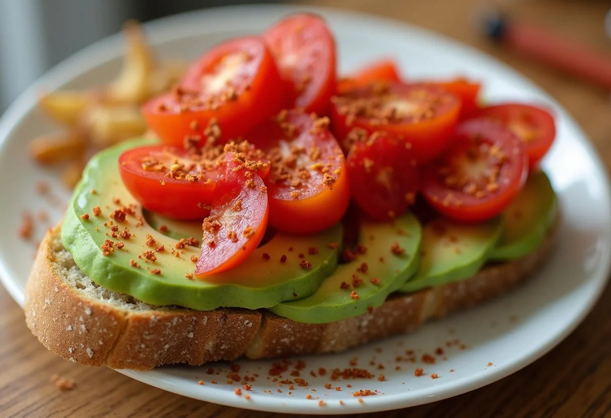 Adding colorful toppings to Lilo and Stitch Angel's Aloha Avocado Toast, featuring tomatoes and seasonings for an inviting presentation.