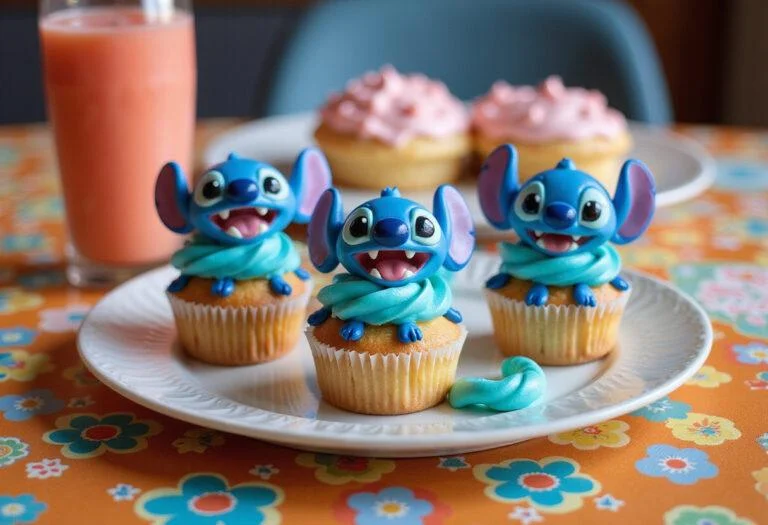 Final presentation of Lilo and Stitch Cobra Bubbles' Bubblegum Cupcakes on a decorative platter, perfect for a themed party.