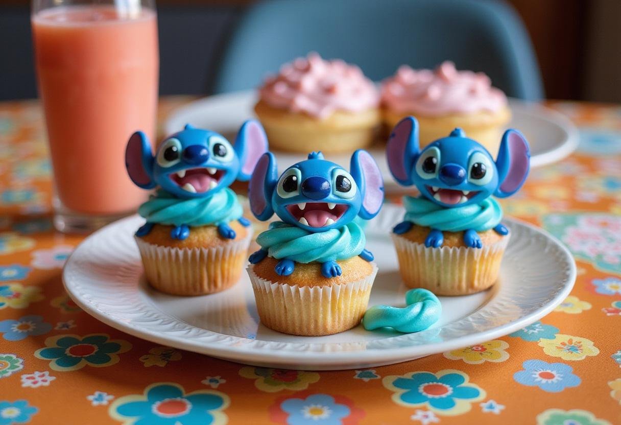 Final presentation of Lilo and Stitch Cobra Bubbles' Bubblegum Cupcakes on a decorative platter, perfect for a themed party.