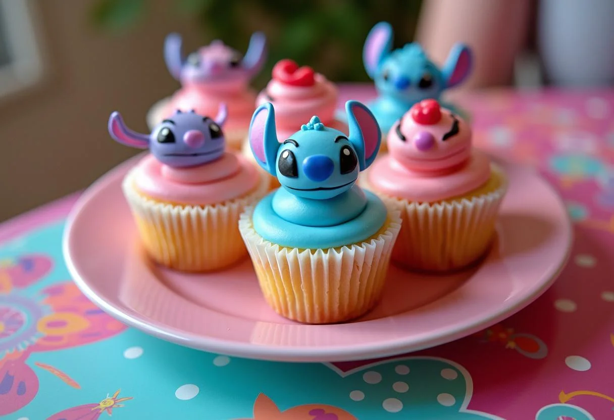 Final presentation of Lilo and Stitch Cobra Bubbles' Bubblegum Cupcakes on a decorative platter, perfect for a themed party.