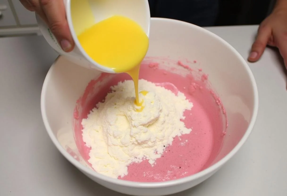 Adding wet ingredients to the dry mix for Lilo and Stitch Cobra Bubbles' Bubblegum Cupcakes to create a vibrant pink batter.