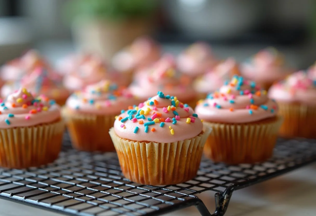 Cooling Lilo and Stitch Cobra Bubbles' Bubblegum Cupcakes with colorful sprinkles after baking.