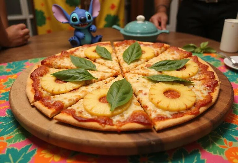 Deliciously presented Lilo and Stitch Pineapple Paradise Pizzas ready to be served, featuring vibrant garnishes and a festive atmosphere.