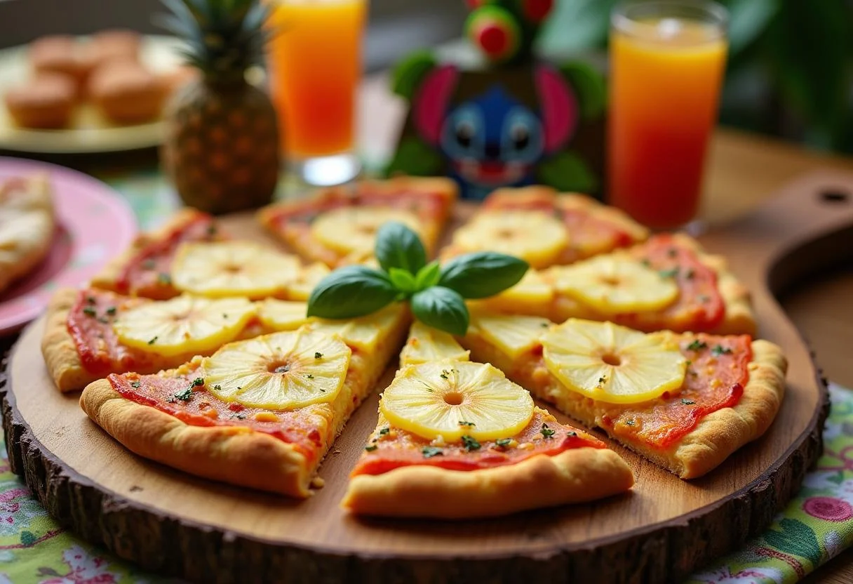 Deliciously presented Lilo and Stitch Pineapple Paradise Pizzas ready to be served, featuring vibrant garnishes and a festive atmosphere.