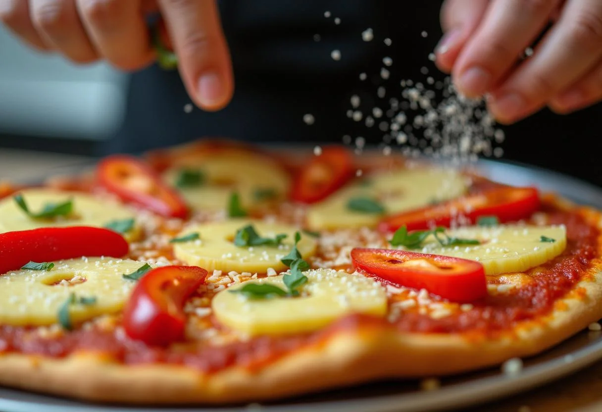 Arranging pineapple and peppers on Lilo and Stitch Pineapple Paradise Pizzas, creating a deliciously vibrant topping.