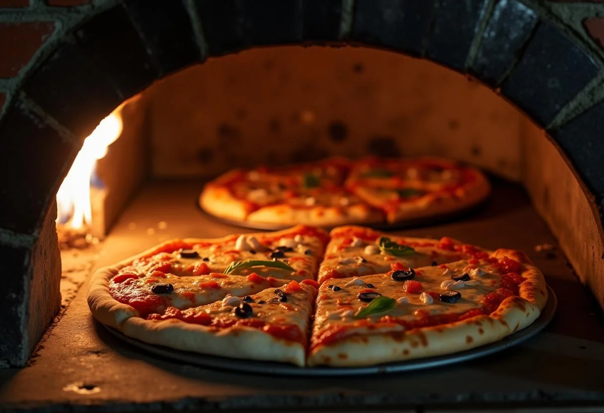 Baking Lilo and Stitch Pineapple Paradise Pizzas in the oven, capturing the lively atmosphere of a busy kitchen.