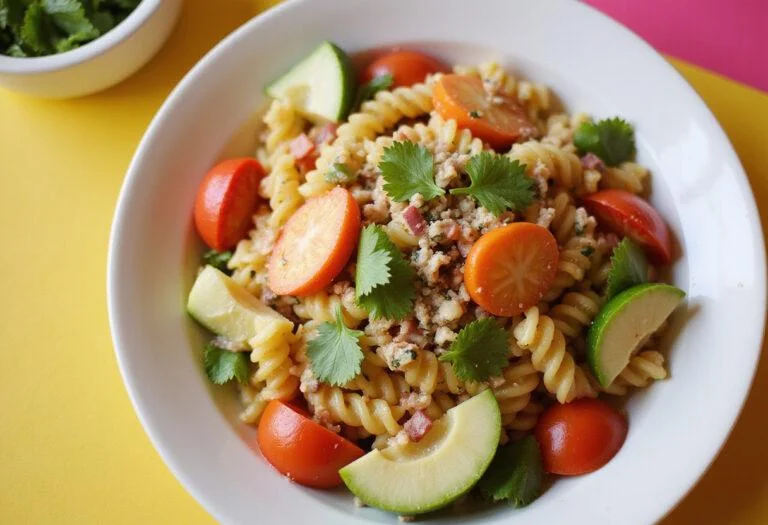 Delicious Lilo and Stitch Pleakley's Planet Perfect Pasta Salad perfectly plated, highlighting the vibrant colors and fresh ingredients, ready to be enjoyed.
