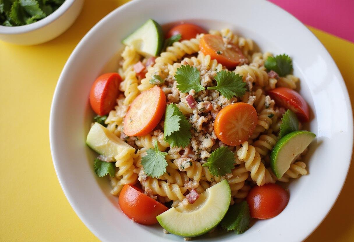 Delicious Lilo and Stitch Pleakley's Planet Perfect Pasta Salad perfectly plated, highlighting the vibrant colors and fresh ingredients, ready to be enjoyed.