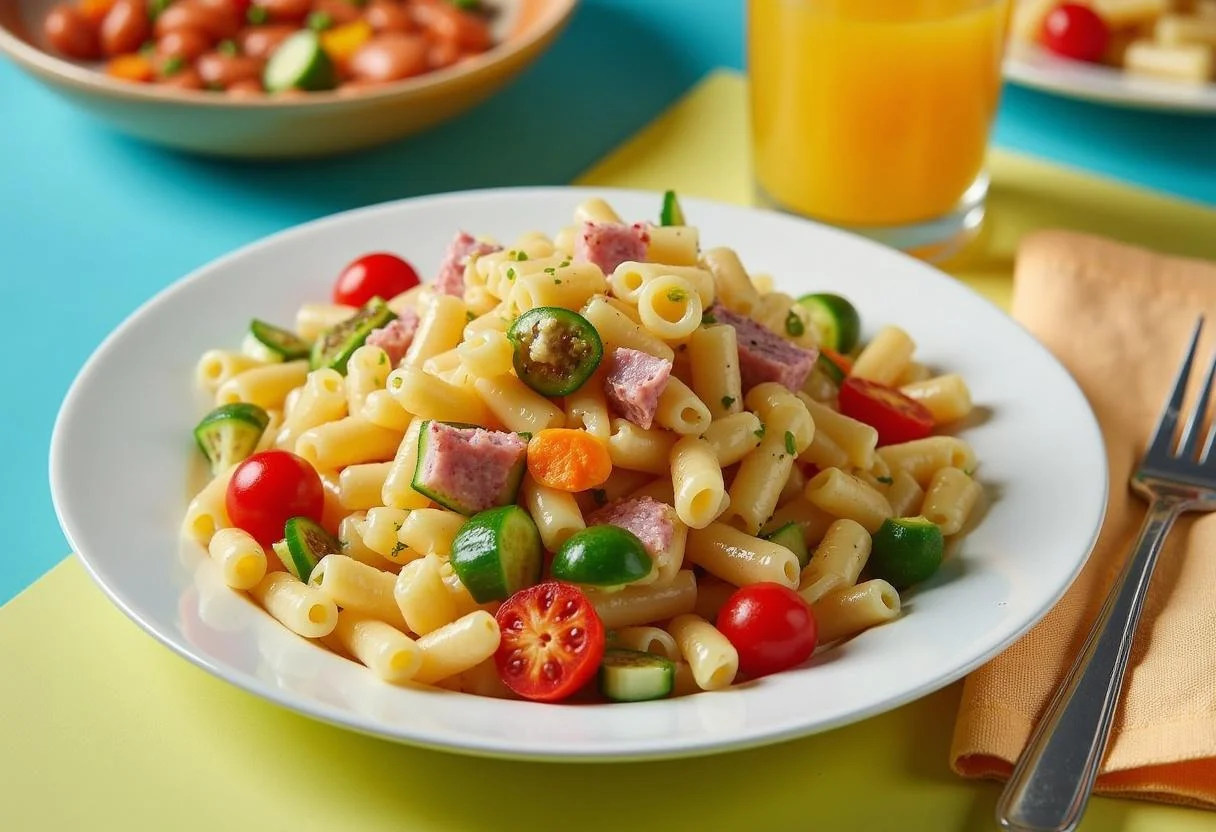 Delicious Lilo and Stitch Pleakley's Planet Perfect Pasta Salad perfectly plated, highlighting the vibrant colors and fresh ingredients, ready to be enjoyed.