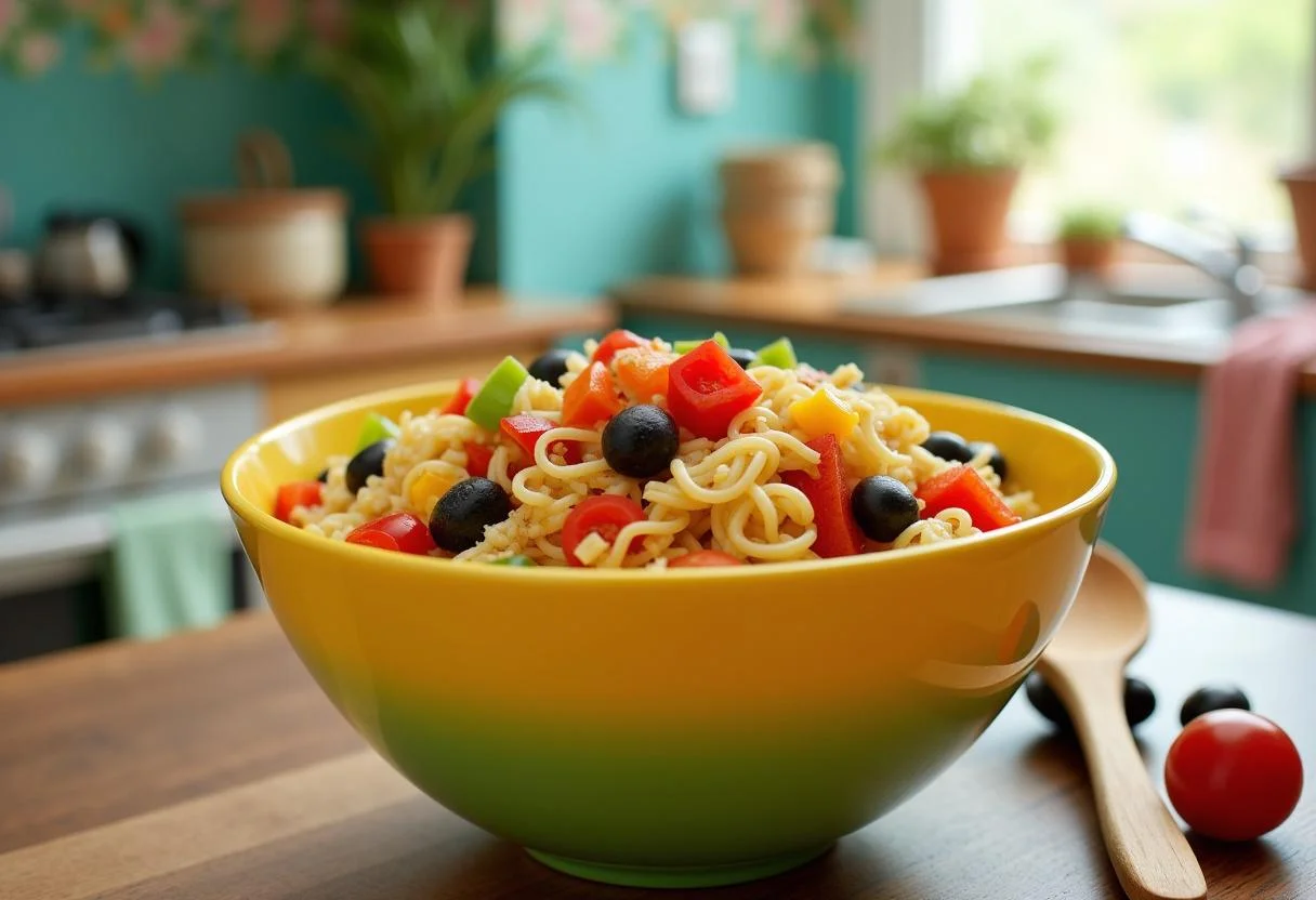 Lilo and Stitch Pleakley's Planet Perfect Pasta Salad preparation with colorful ingredients in a bowl for a vibrant dish.