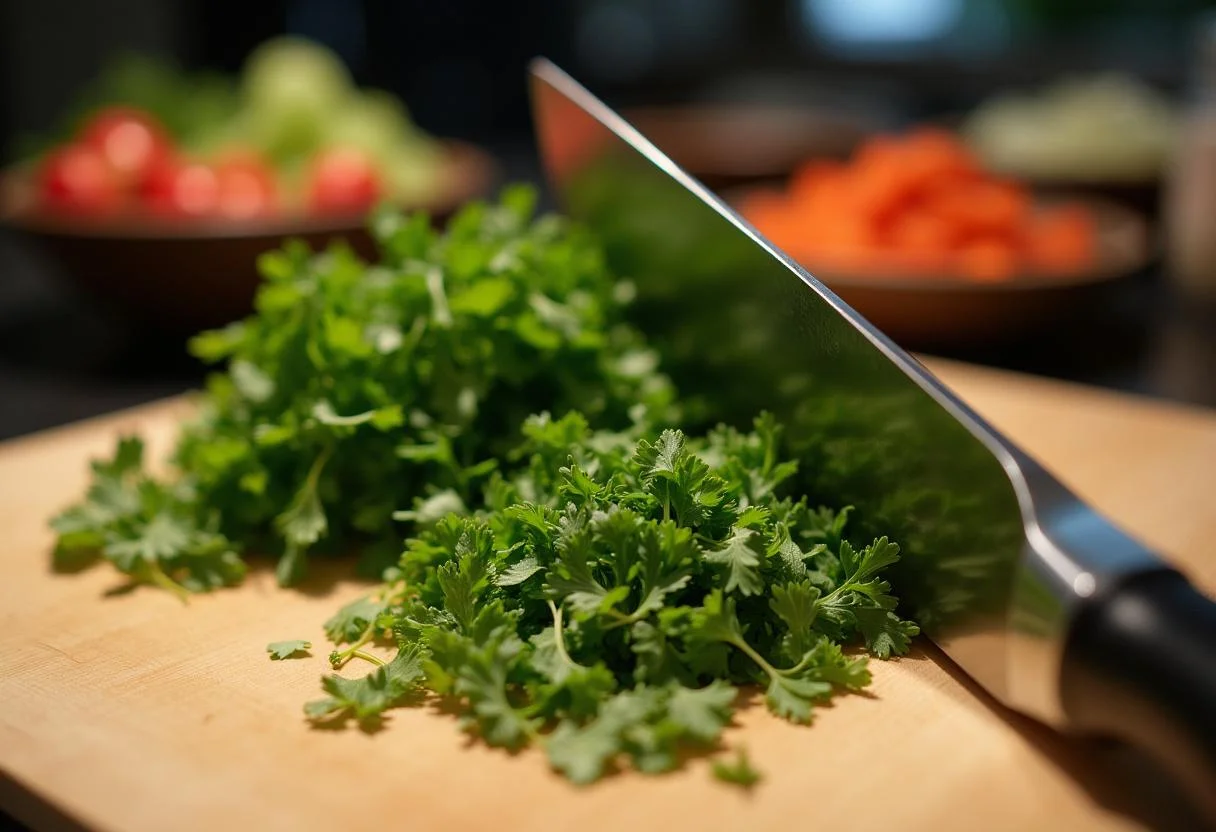 Chopping fresh herbs for Lilo and Stitch Pleakley's Planet Perfect Pasta Salad to enhance the flavor and freshness of the dish.