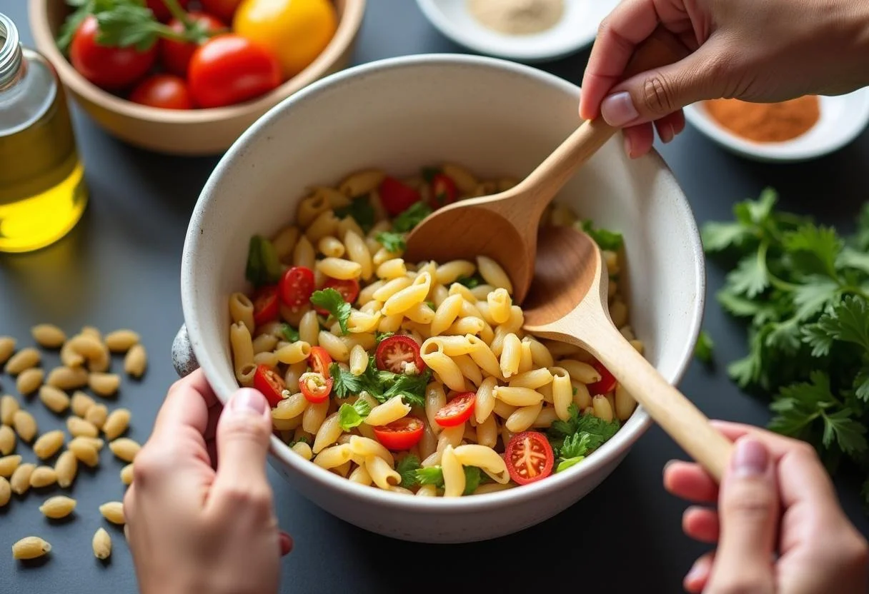 Mixing together the components of Lilo and Stitch Pleakley's Planet Perfect Pasta Salad, showcasing a blend of flavors and colors in the kitchen.