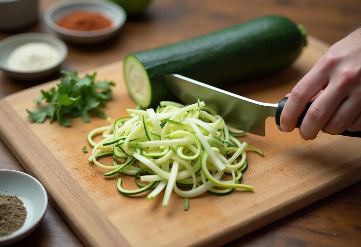 Preparing Lilo and Stitch Sparky's Electric Eel Zucchini Fries by slicing fresh zucchini on a cutting board.