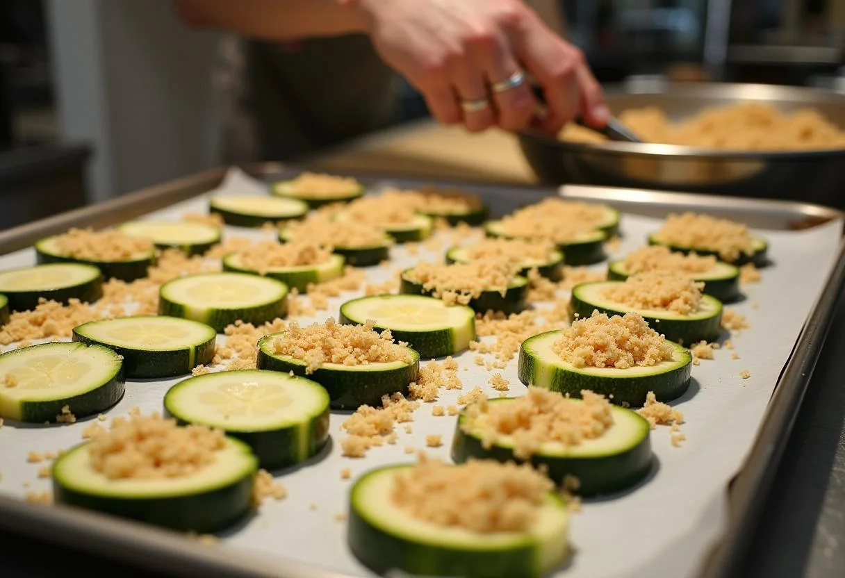 Coating zucchini strips for Lilo and Stitch Sparky's Electric Eel Zucchini Fries, preparing them for baking in an organized kitchen.