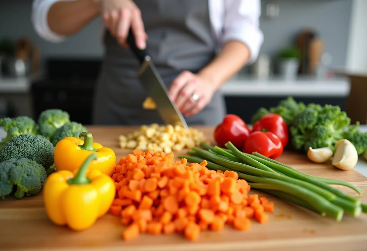 Lilo and Stitch Stitch's Experiment 626 Stir-fry ingredients preparation with vibrant vegetables like bell peppers and broccoli being chopped.