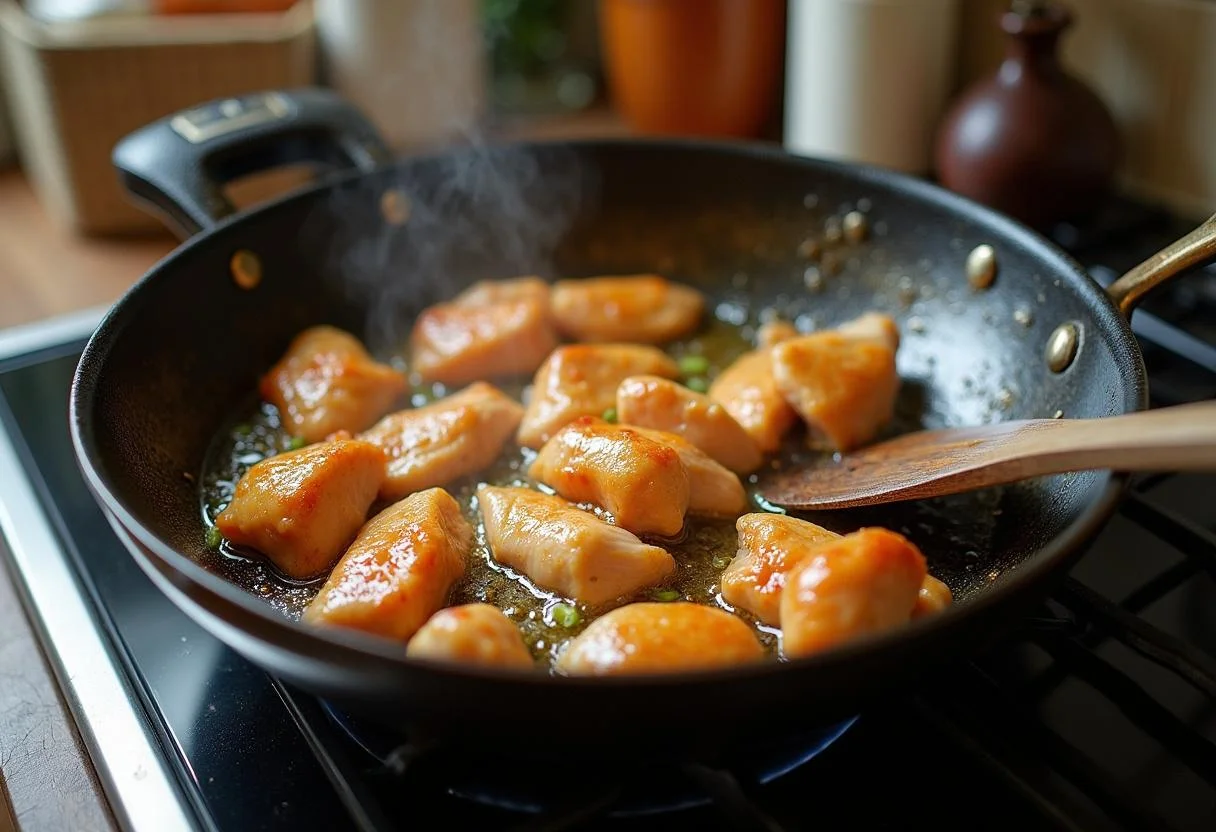 Lilo and Stitch Stitch's Experiment 626 Stir-fry step with chicken pieces sizzling in a wok, showcasing the cooking process with vibrant kitchen ambiance.