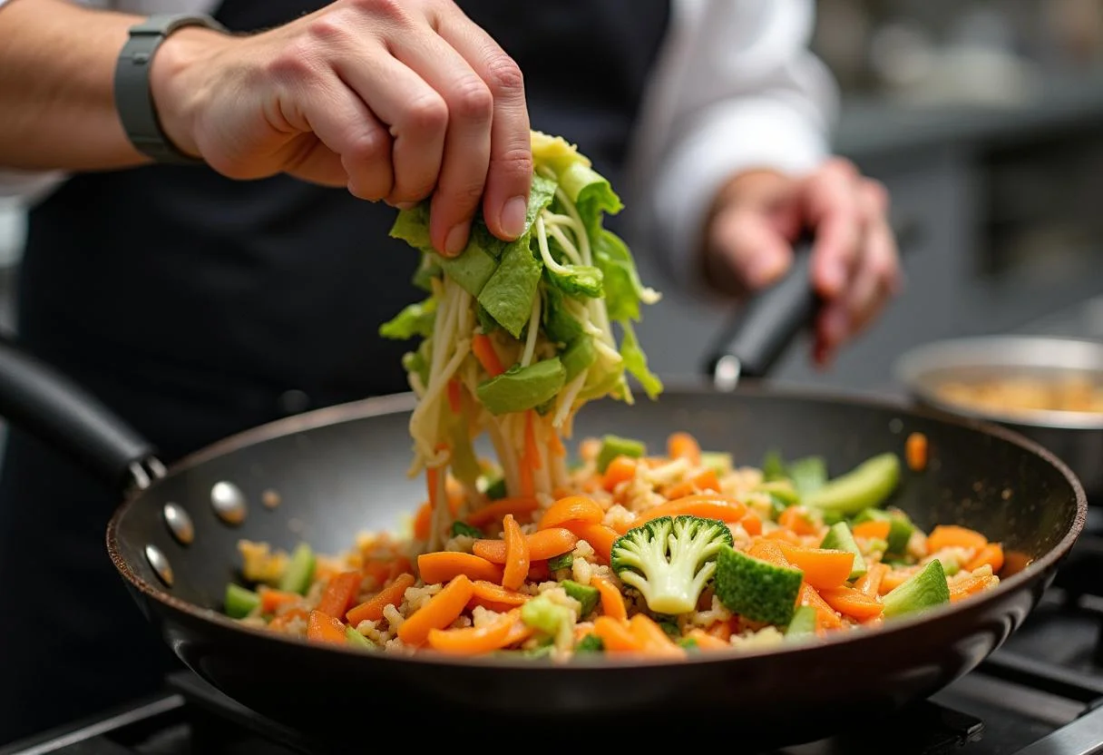 Lilo and Stitch Stitch's Experiment 626 Stir-fry preparation showcasing vibrant vegetables being added to sizzling chicken in a wok.