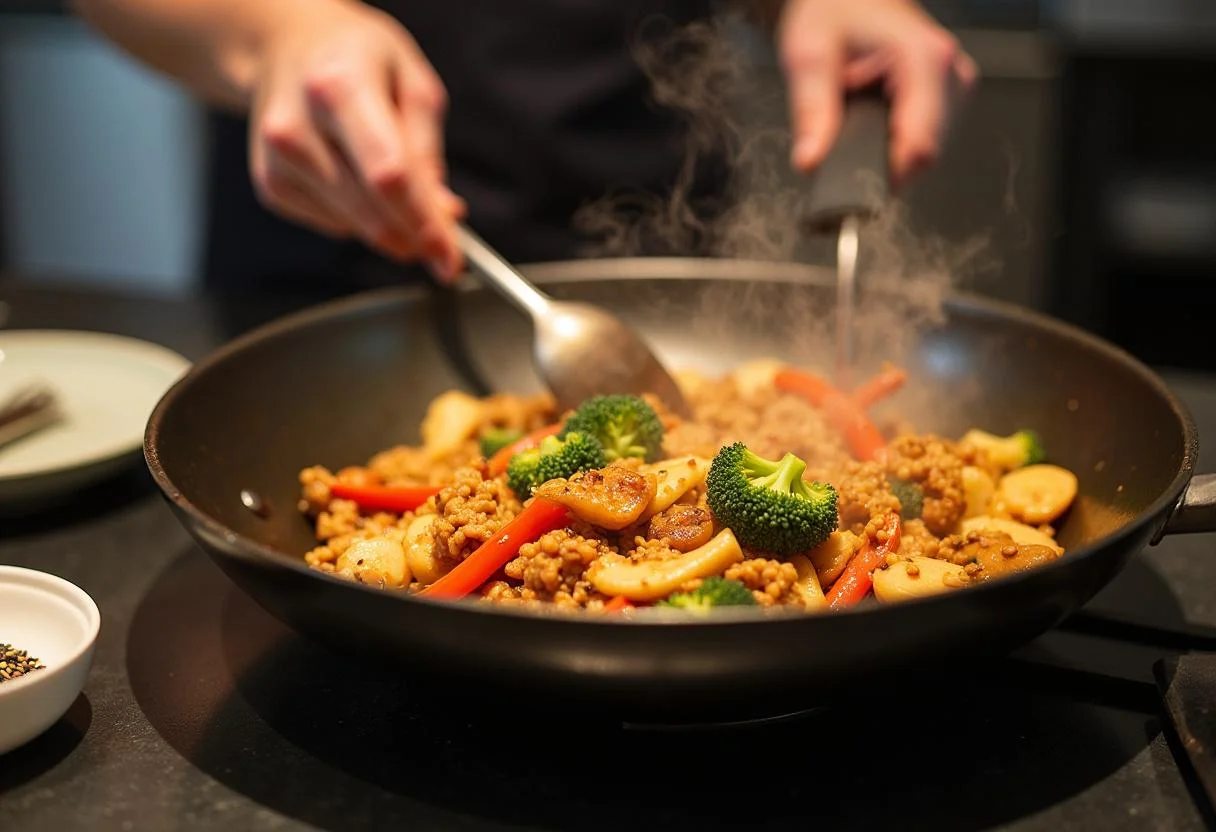 Finishing touches on Lilo and Stitch Stitch's Experiment 626 Stir-fry with soy sauce and sesame seeds ready to enhance the flavor.
